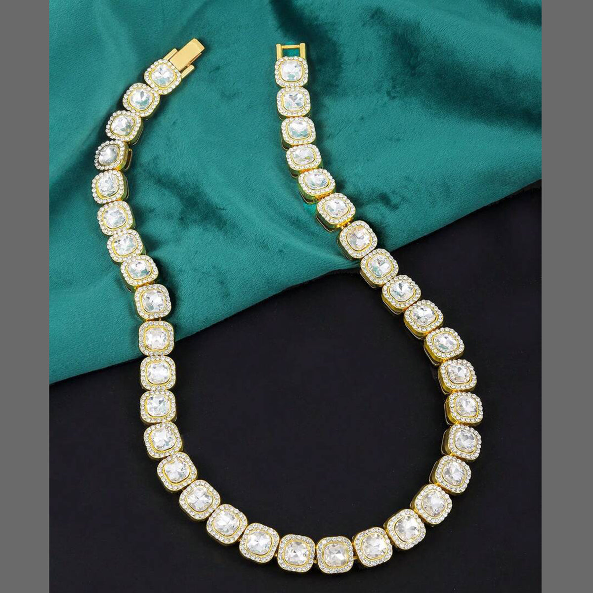 Hip Hop Iced Out Alloy Cuban Gold Rhinestone Square Tennis Ice Out Necklace Chain 18" Main image