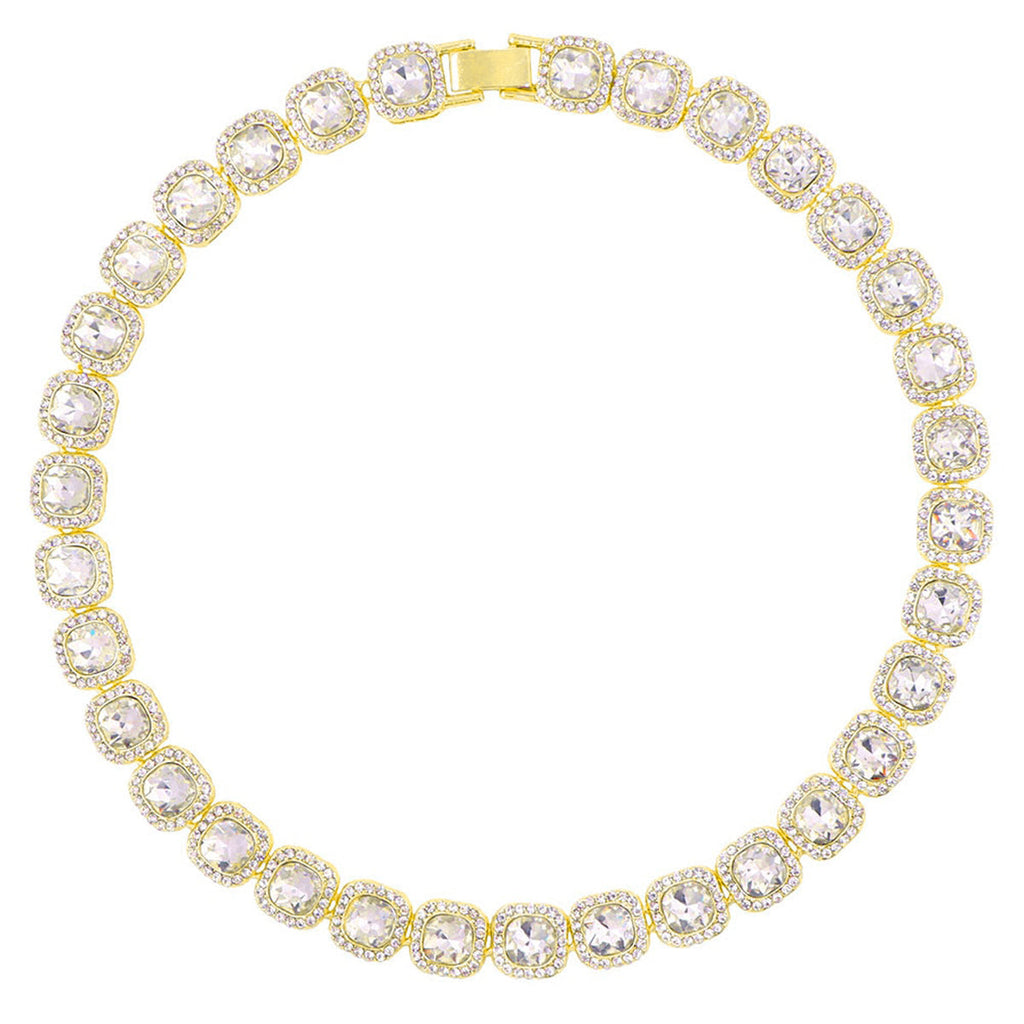Hip Hop Iced Out Alloy Cuban Gold Rhinestone Square Tennis Ice Out Necklace Chain 18"