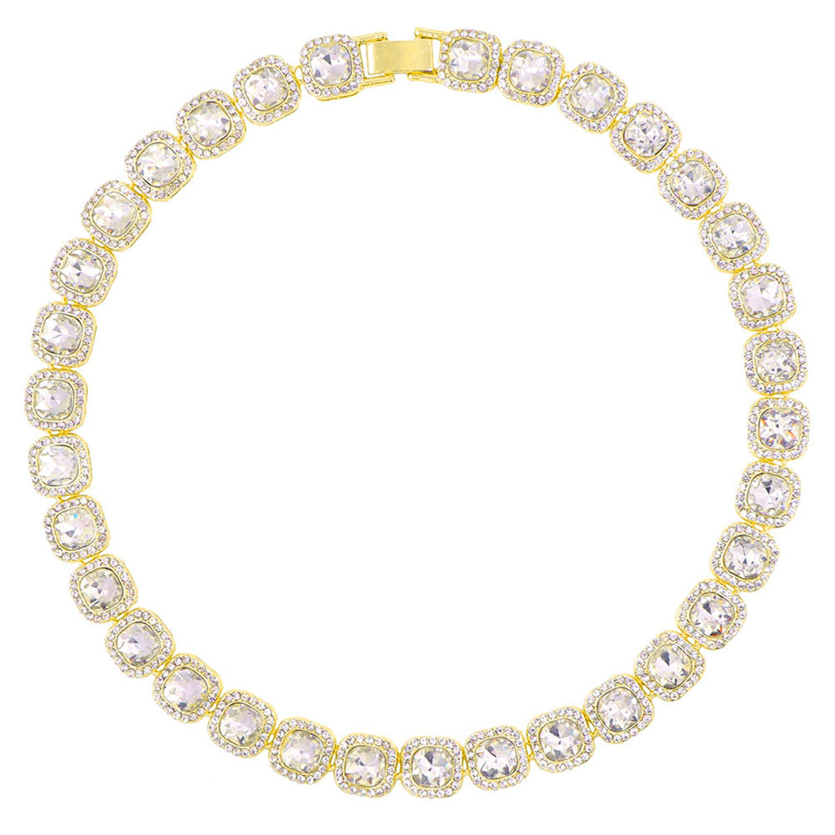 Hip Hop Iced Out Alloy Cuban Gold Rhinestone Square Tennis Ice Out Necklace Chain 18"
