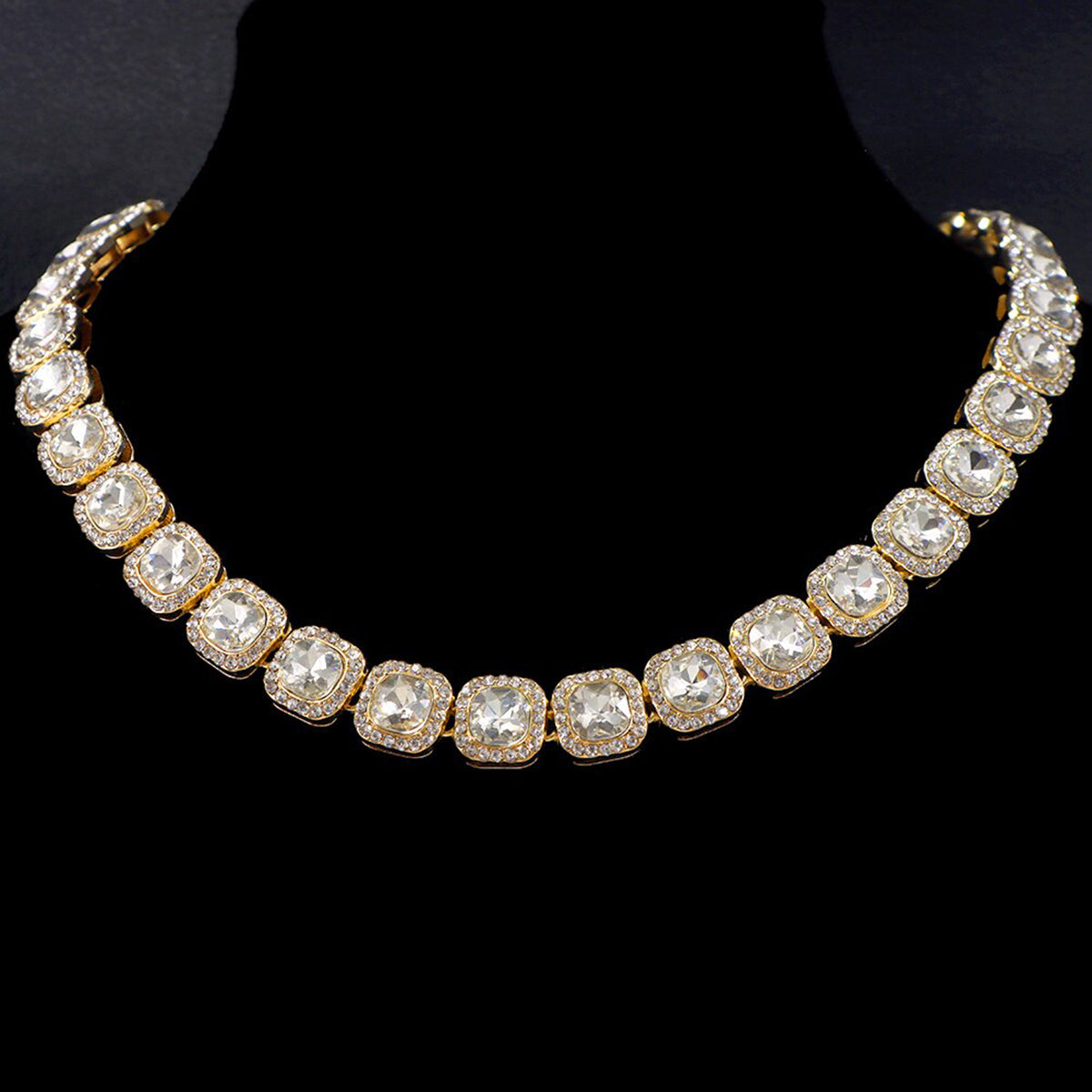 Hip Hop Iced Out Alloy Cuban Gold Rhinestone Square Tennis Ice Out Necklace Chain 18"