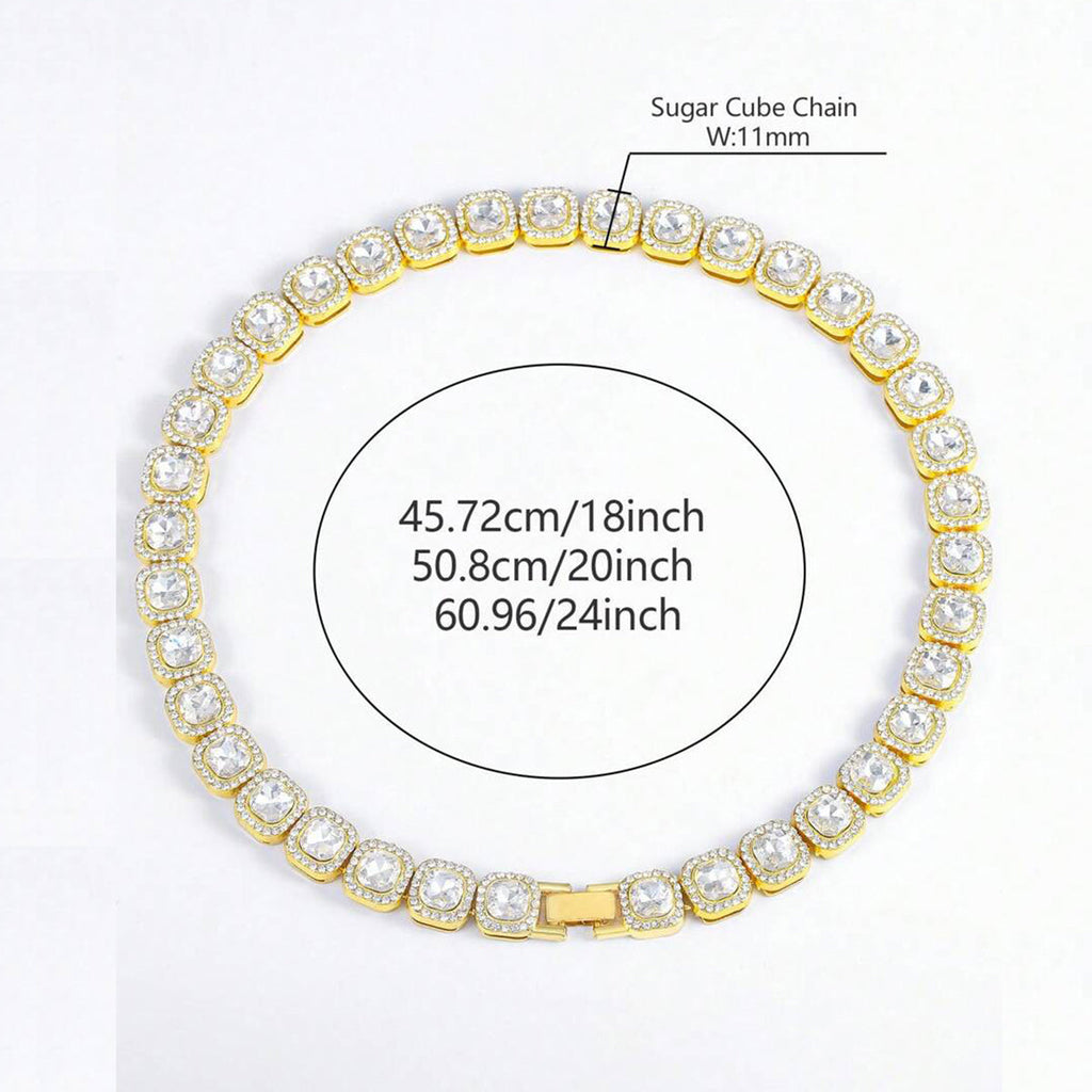 Hip Hop Iced Out Alloy Cuban Gold Rhinestone Square Tennis Ice Out Necklace Chain 18"