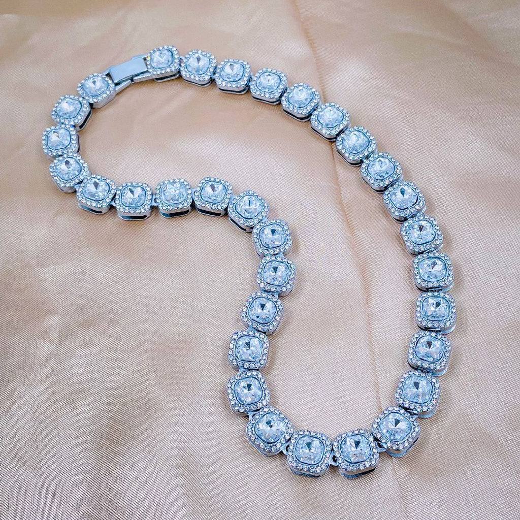 Hip Hop Iced Out Alloy Cuban Gold Rhinestone Square Tennis Ice Out Necklace Chain 18"