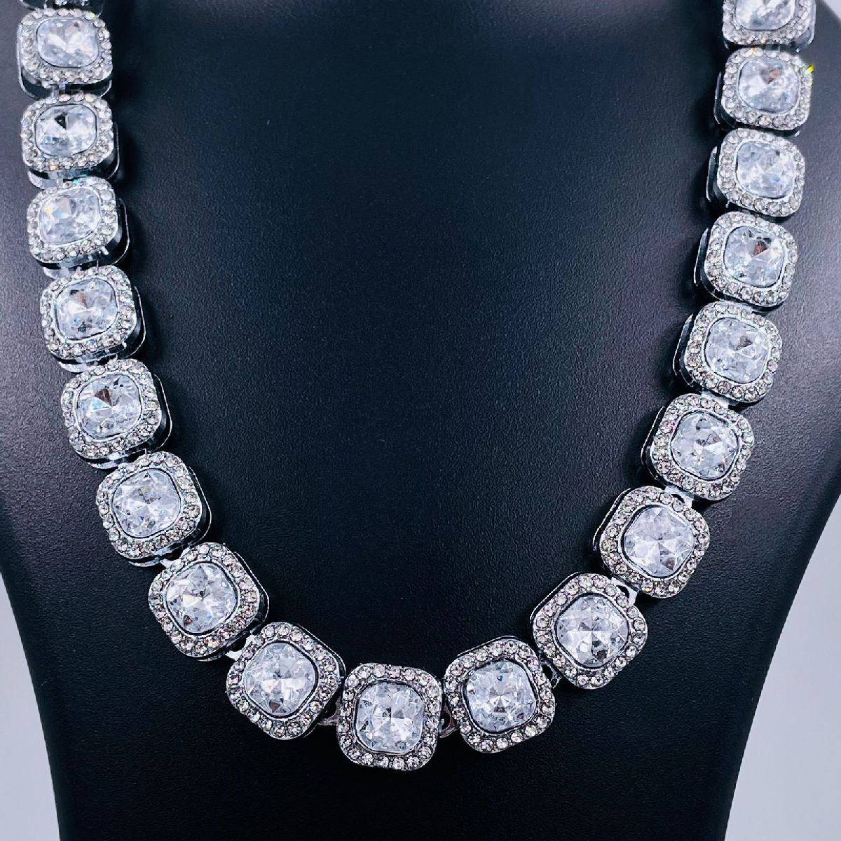 Hip Hop Iced Out Alloy Cuban Gold Rhinestone Square Tennis Ice Out Necklace Chain 18"