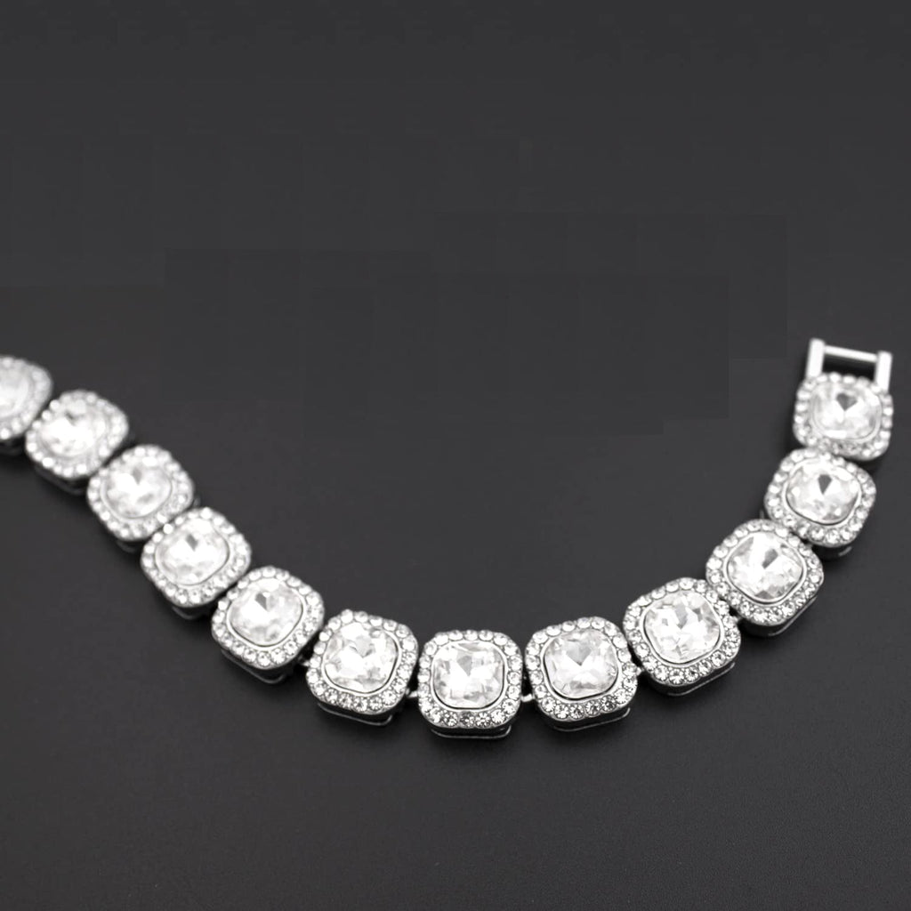 Hip Hop Iced Out Alloy Cuban Gold Rhinestone Square Tennis Ice Out Necklace Chain 18"