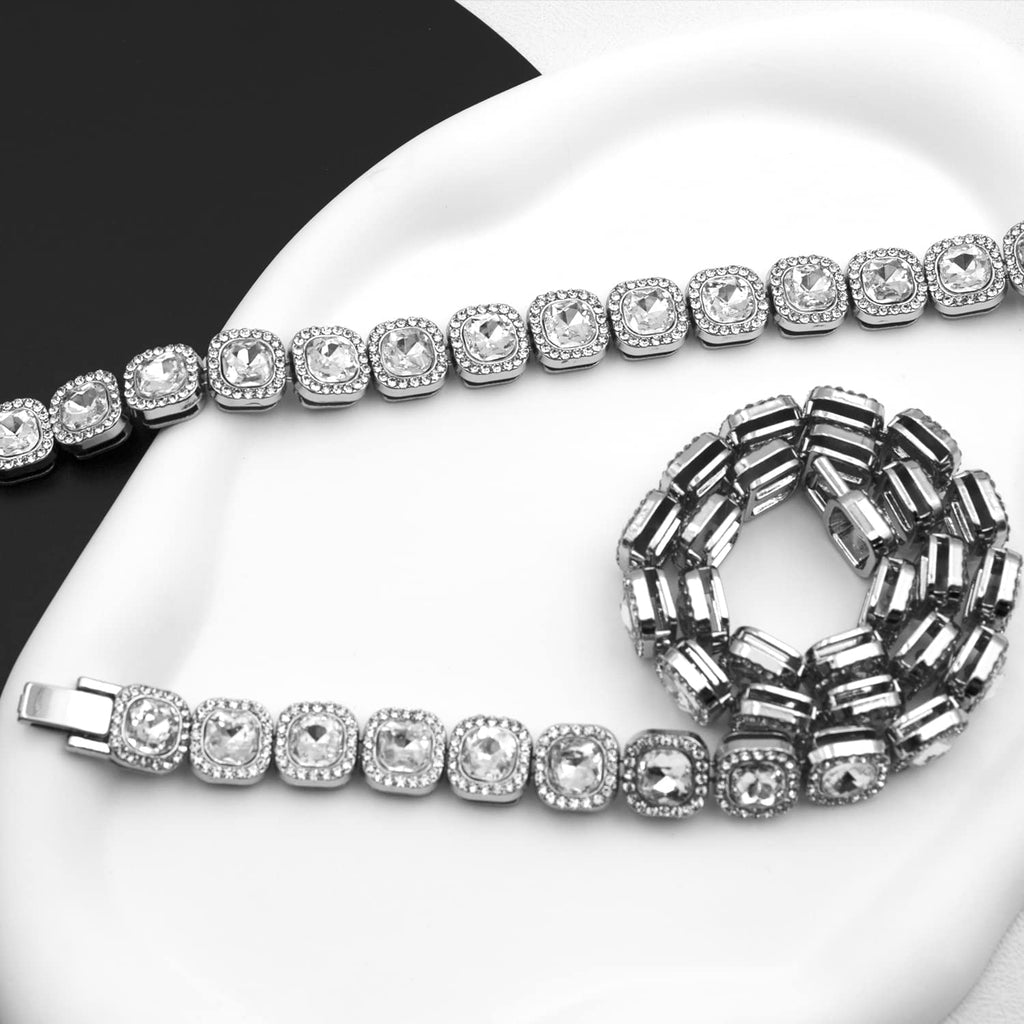 Hip Hop Iced Out Alloy Cuban Gold Rhinestone Square Tennis Ice Out Necklace Chain 18"