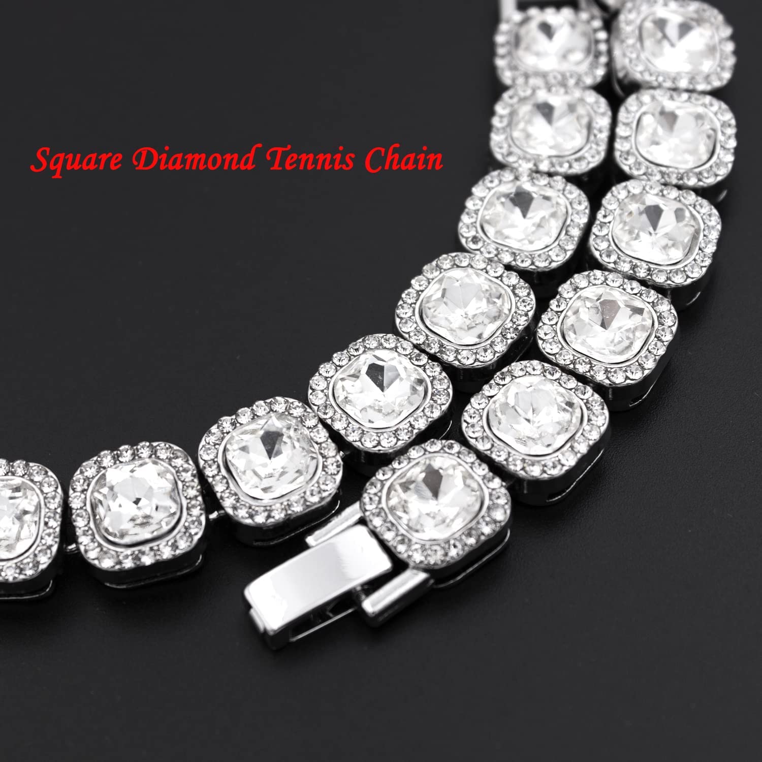 Hip Hop Iced Out Alloy Cuban Gold Rhinestone Square Tennis Ice Out Necklace Chain 18"