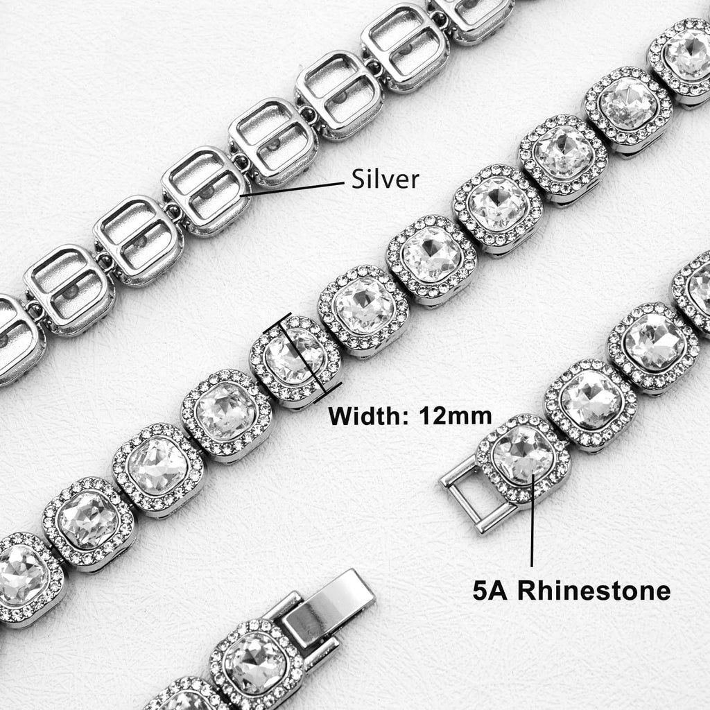 Hip Hop Iced Out Alloy Cuban Gold Rhinestone Square Tennis Ice Out Necklace Chain 18"