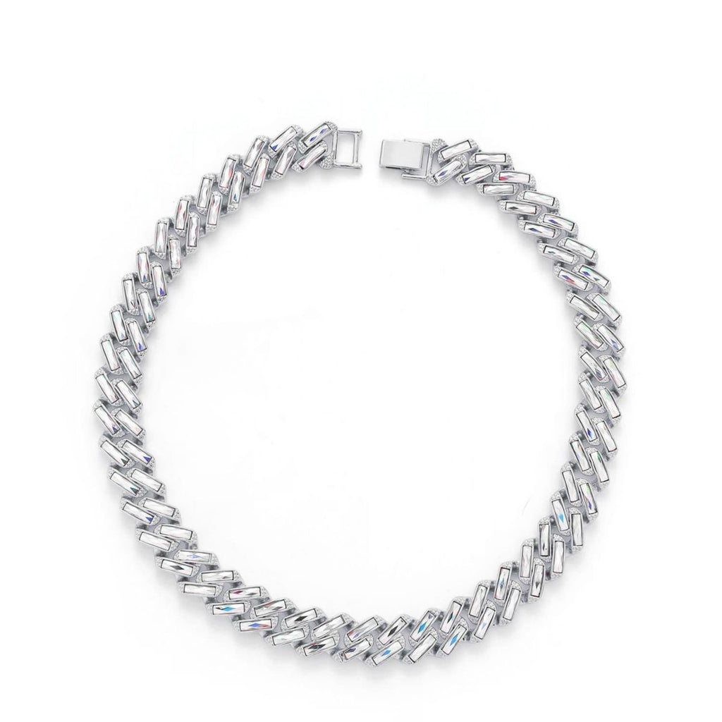 Hip Hop Iced Out Alloy Cuban Curb Gold Rhinestone Baguette Stainless Steel Necklace Chain 20"