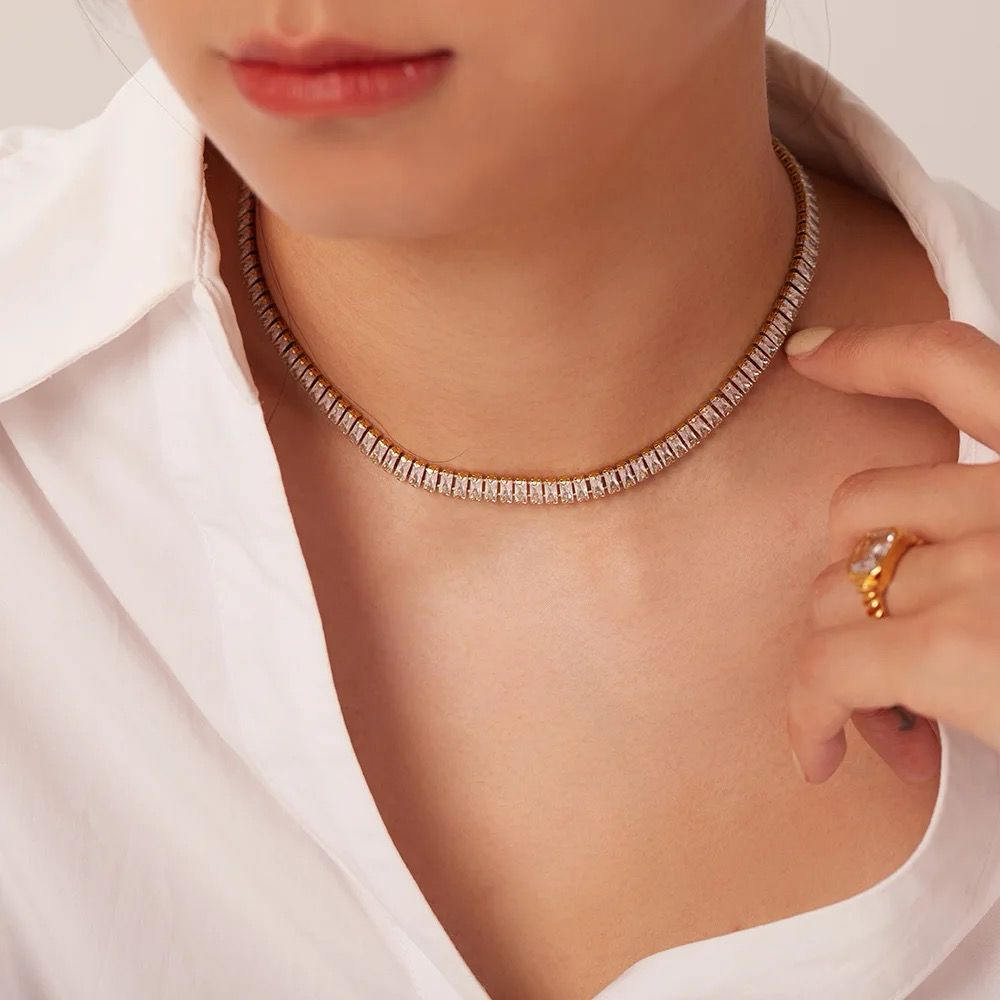 Hip Hop Iced Out Baguette Cubic Zirconia 18K Gold Necklace Chain Bulk
