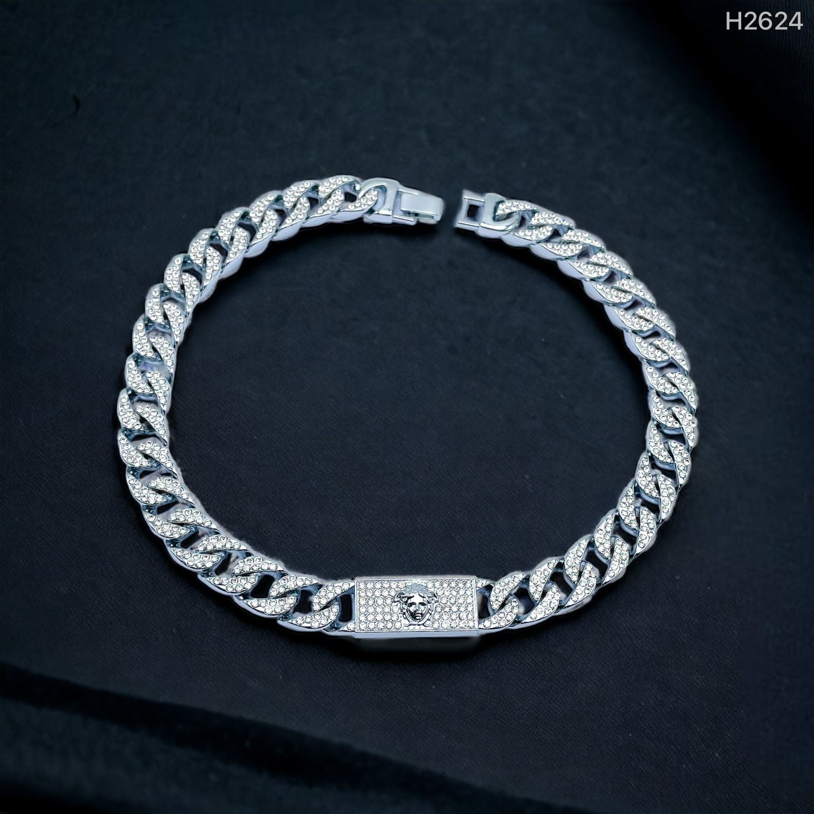 Hip Hop Iced Out Alloy Cuban Silver Stainless Steel Rhinestone Curb Engrave Chain 18" For Men