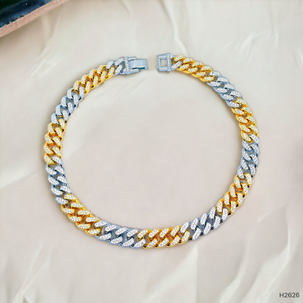Hip Hop Iced Out Alloy Cuban Curvy Curb Gold Rhinestone Stainless Steel Two Tone Chain 20"