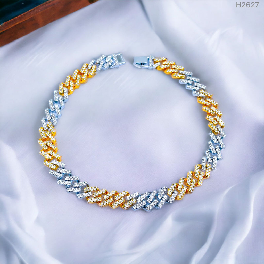 Hip Hop Iced Out Alloy Cuban Curvy Curb Gold Rhinestone Stainless Steel Two Tone Chain 20"