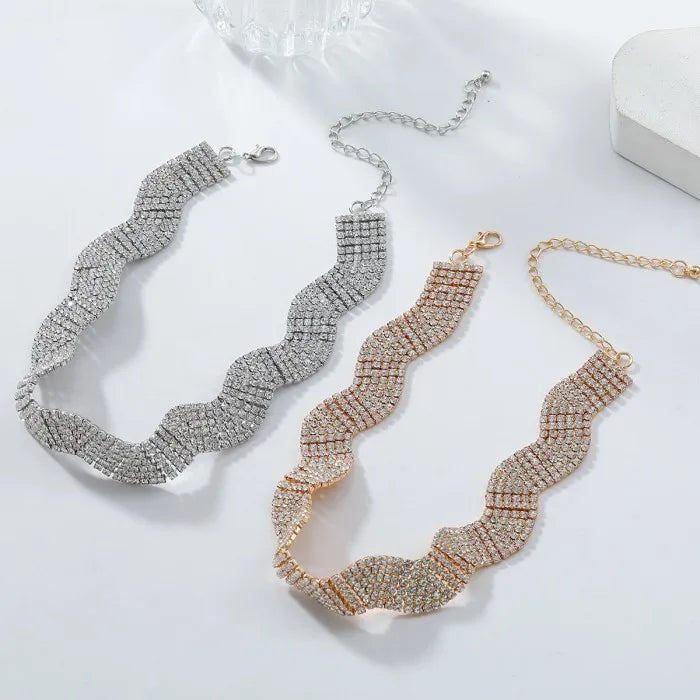 Wave Gold Silver Crystal Rhinestone Adjustable Choker Necklace Bulk Main image