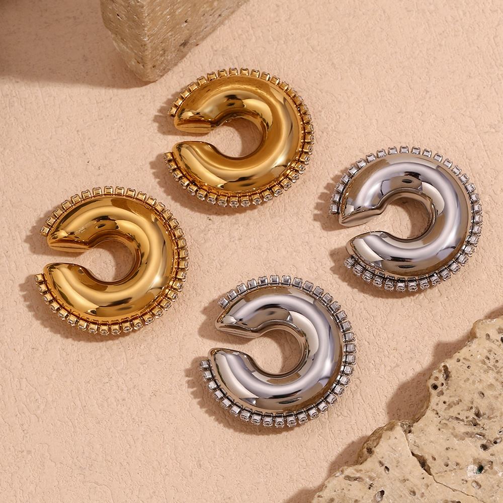 Chunky 18K Gold Silver Cubic Zirconia Stainless Steel Anti Tarnish Ear Cuff Earring For Women