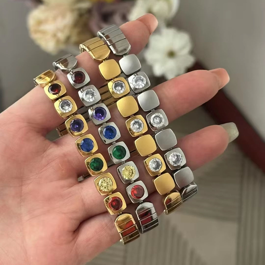 Square Gold CZ Stainless Steel Anti Tarnish Stackable Bracelet Bulk Secondary image