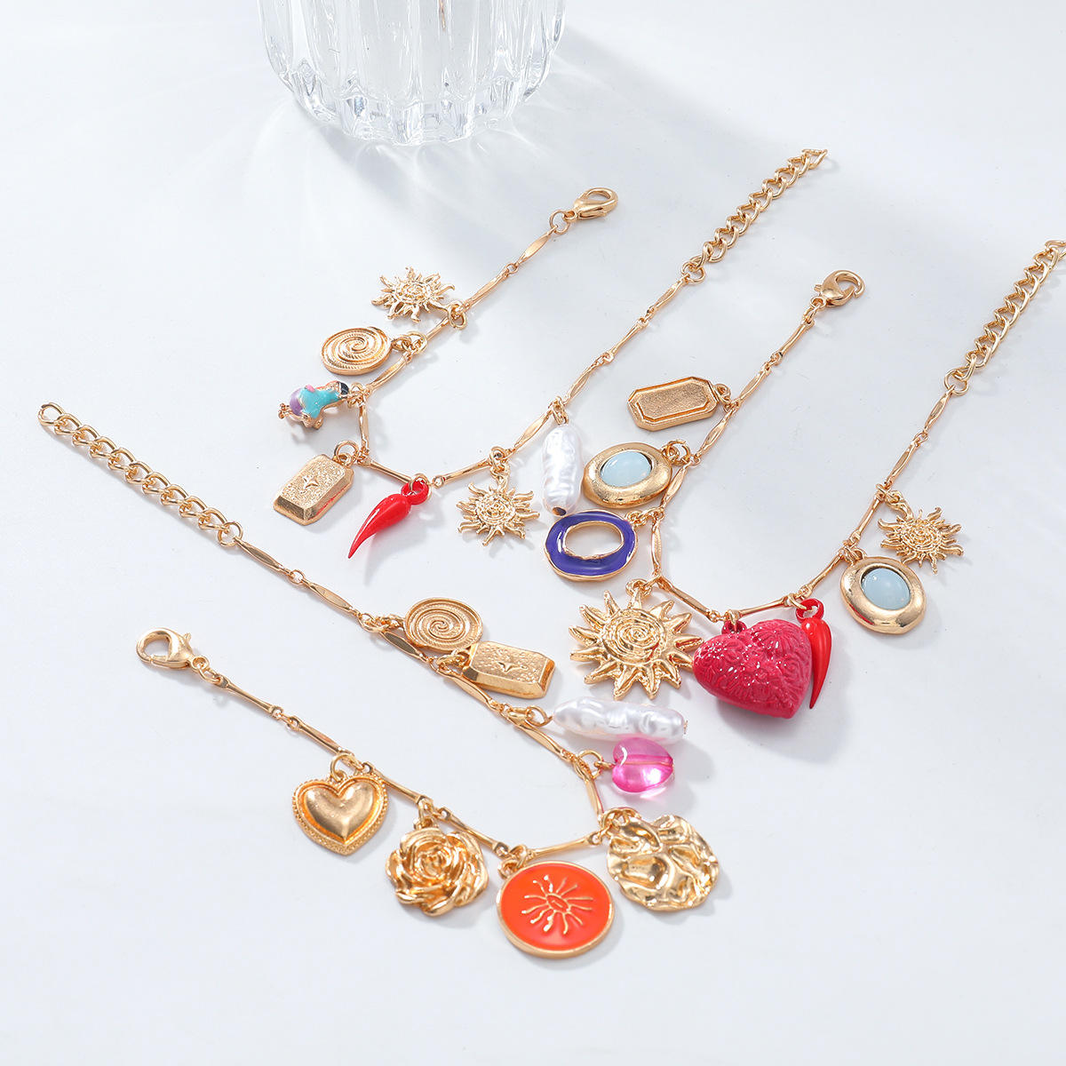 Heart Sun Pearl Enamel Gold Multilayer Charm Bracelet Pack Of 3 Bulk