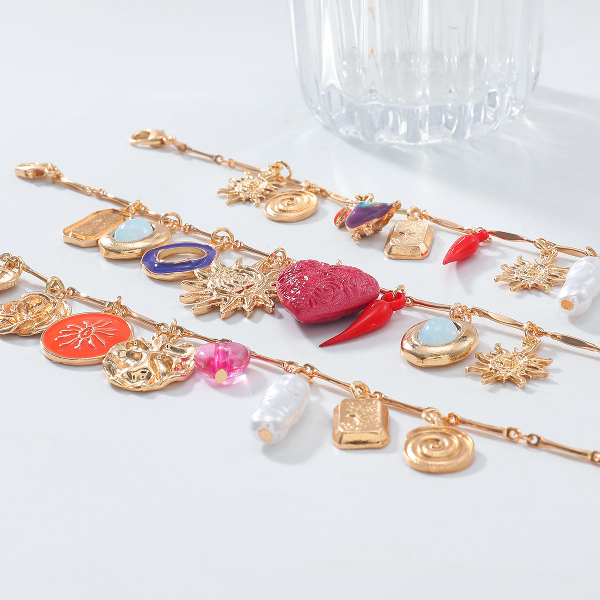 Heart Sun Pearl Enamel Gold Multilayer Charm Bracelet Pack Of 3 Bulk