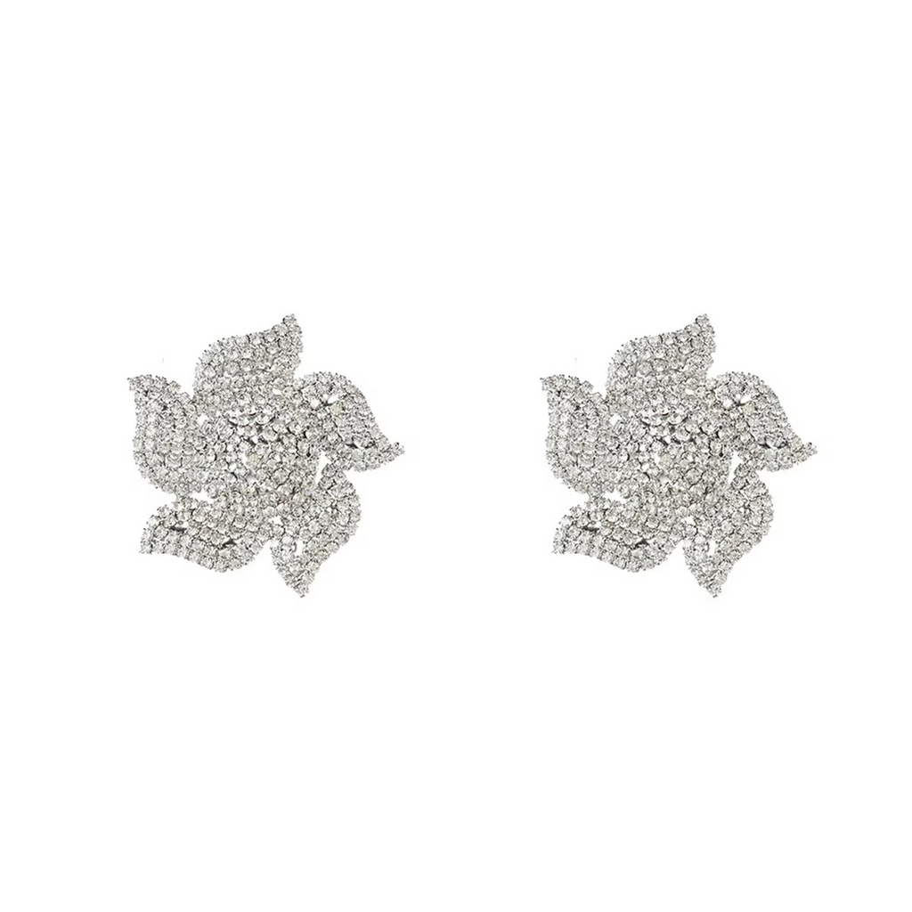 Flower Silver Rhinestone Stud Earring For Women