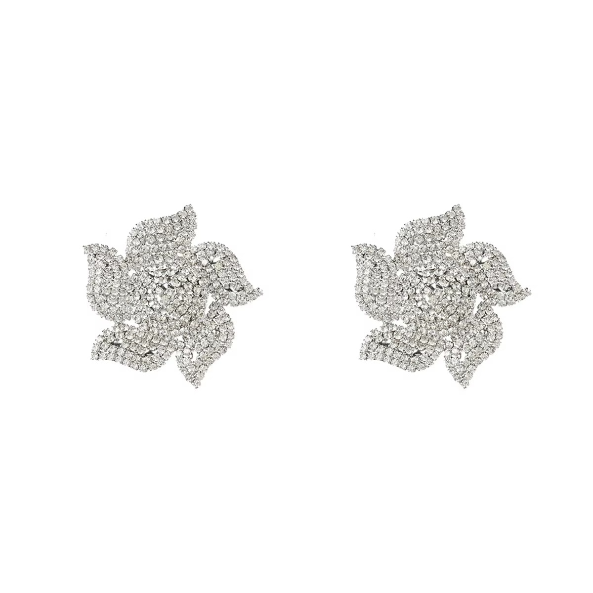 Flower Silver Rhinestone Stud Earring For Women