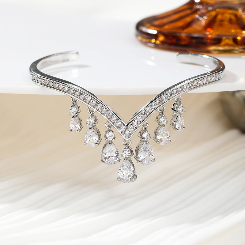 Bulk V Shape Silver Plated CZ Anti Tarnish Brass Cuff & Kada For Women