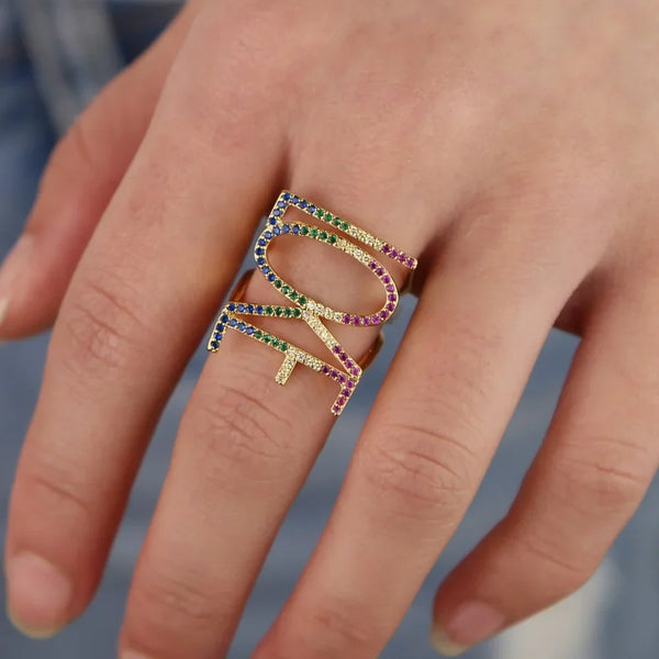 Rainbow Love Cubic Zirconia 18K Gold Anti Tarnish Free Size Ring Bulk Main image