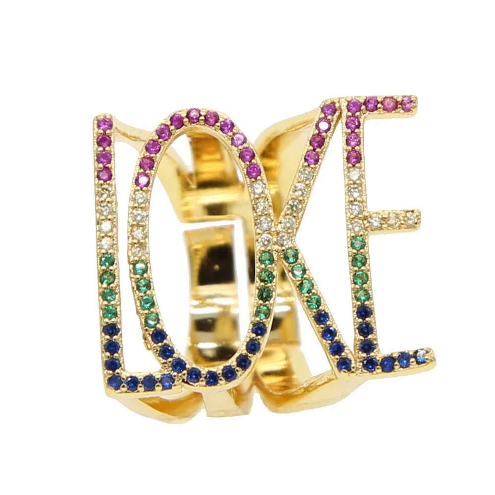 Rainbow Love Cubic Zirconia 18K Gold Anti Tarnish Free Size Ring Bulk