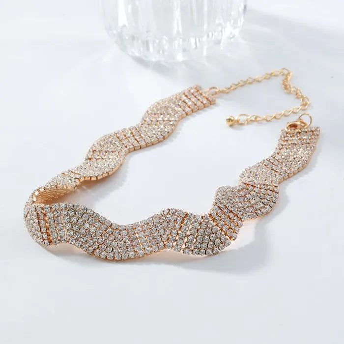 Wave Gold Silver Crystal Rhinestone Adjustable Choker Necklace Bulk