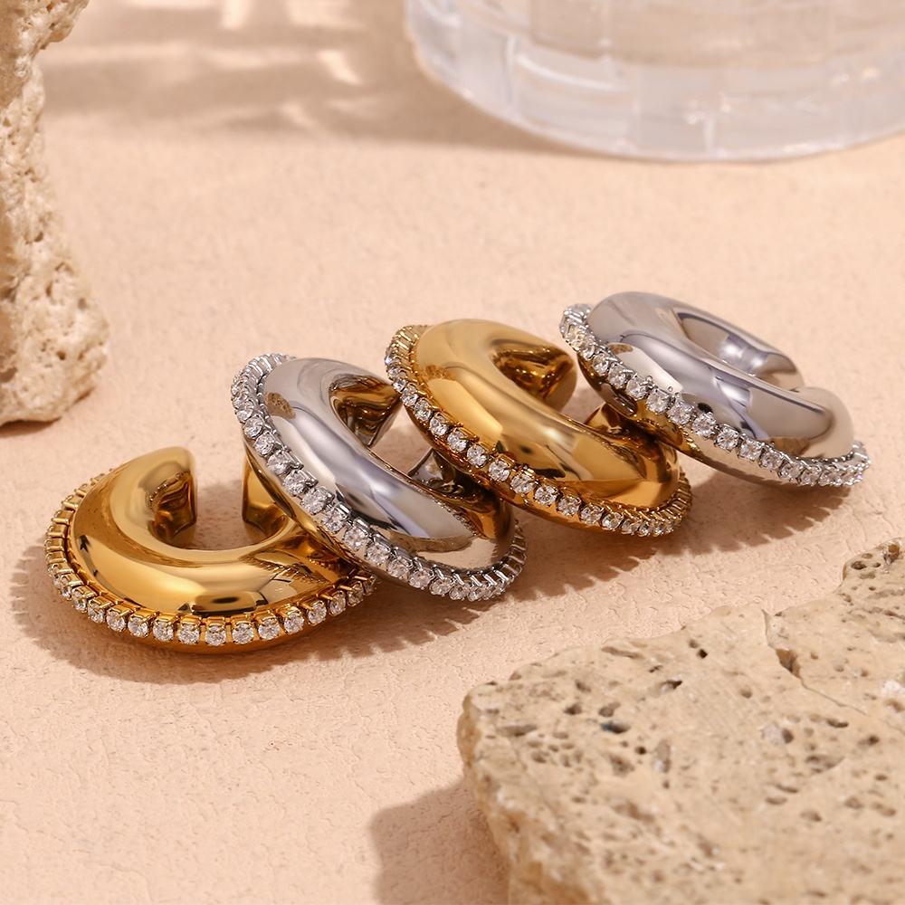 Chunky 18K Gold Silver Cubic Zirconia Stainless Steel Anti Tarnish Ear Cuff Earring For Women