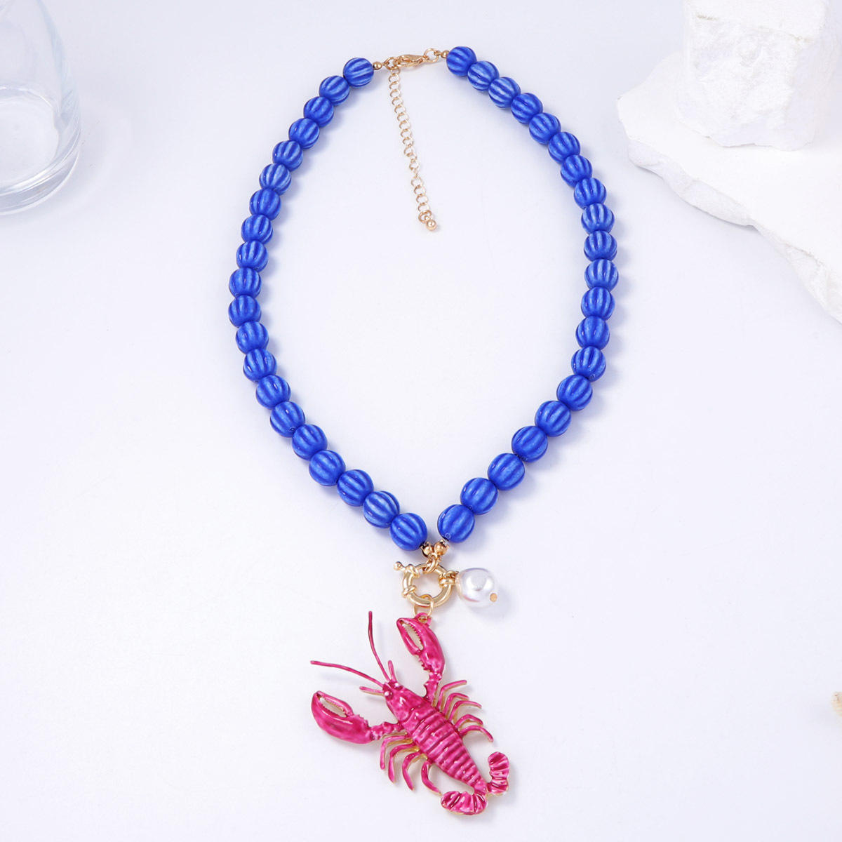 Lobster Pink Blue Beads Pearl Acrylic Necklace For Women Bulk