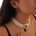 Cushion Black White 18K Gold Pearl CZ Choker Necklace Earring Set Bulk