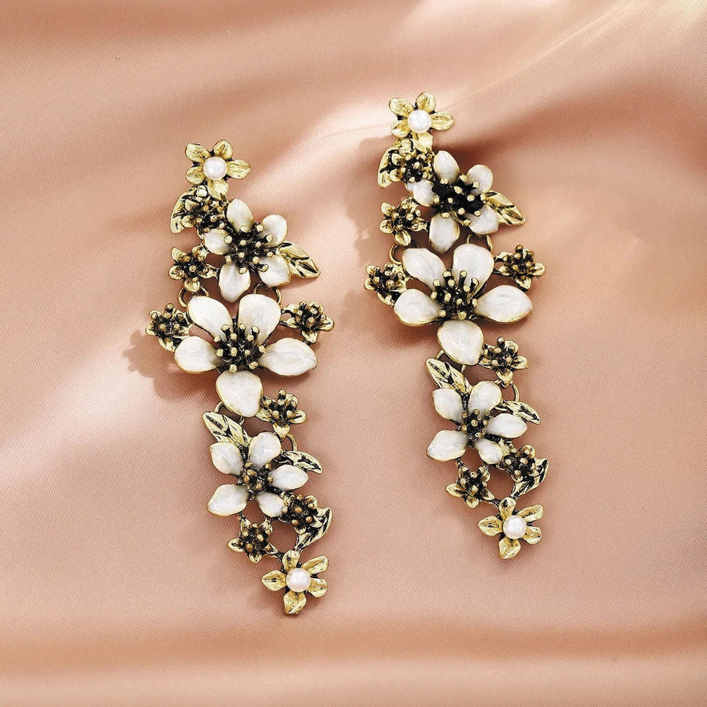 Floral Crystal White Antique Gold Statement Dangler Earring Women Bulk