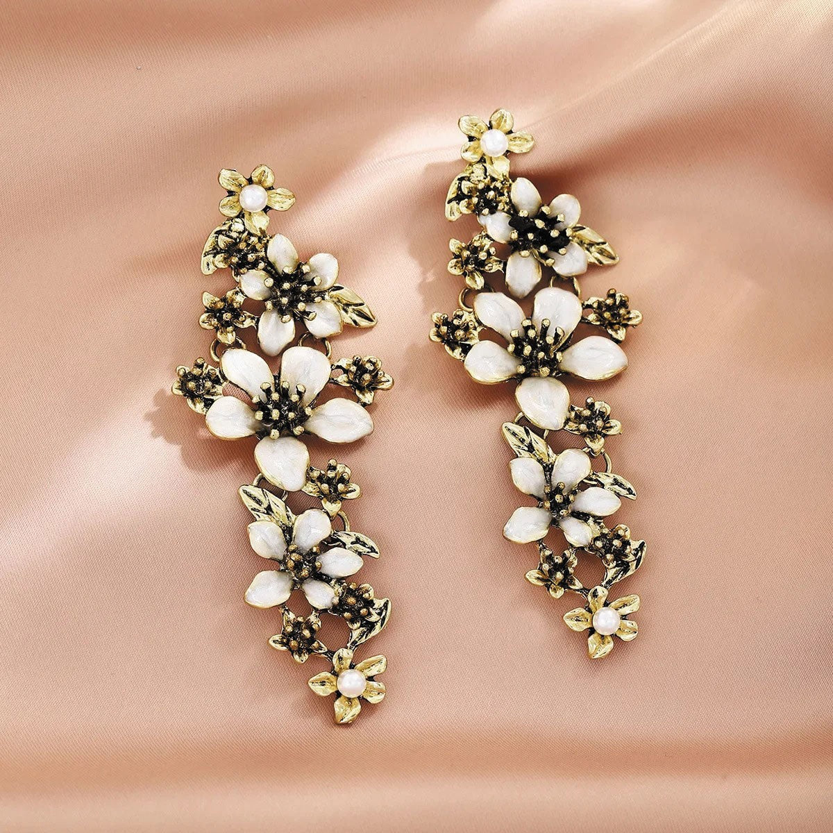Floral Crystal White Antique Gold Statement Dangler Earring Women Bulk