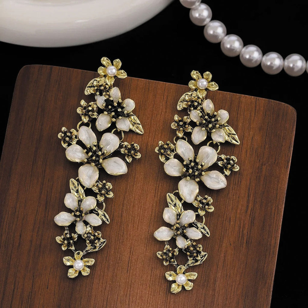 Floral Crystal White Antique Gold Statement Dangler Earring Women Bulk