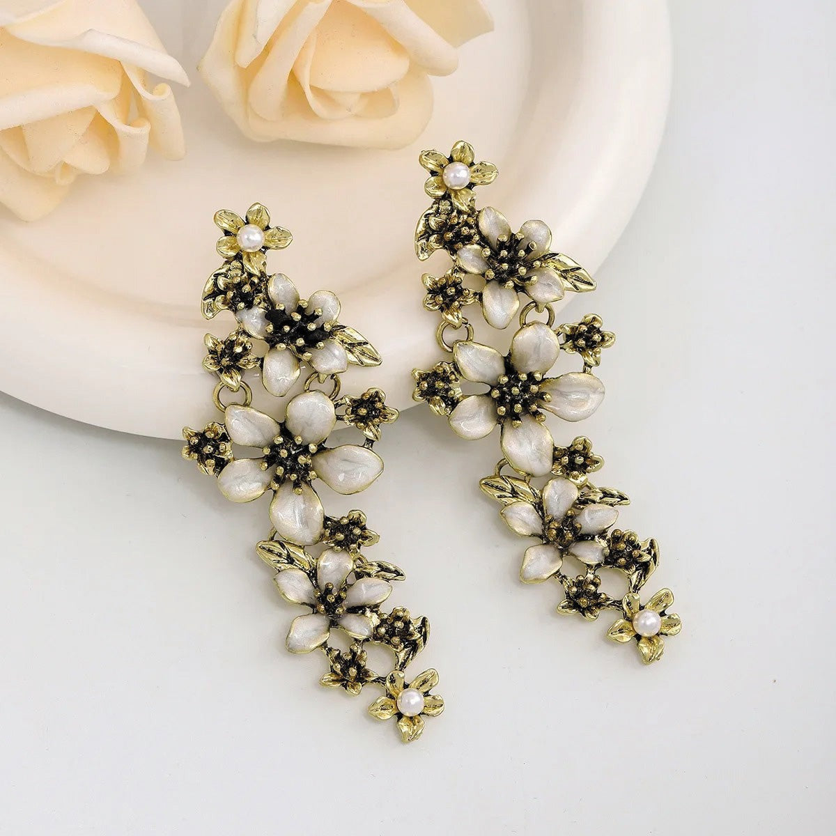 Floral Crystal White Antique Gold Statement Dangler Earring Women Bulk Main image