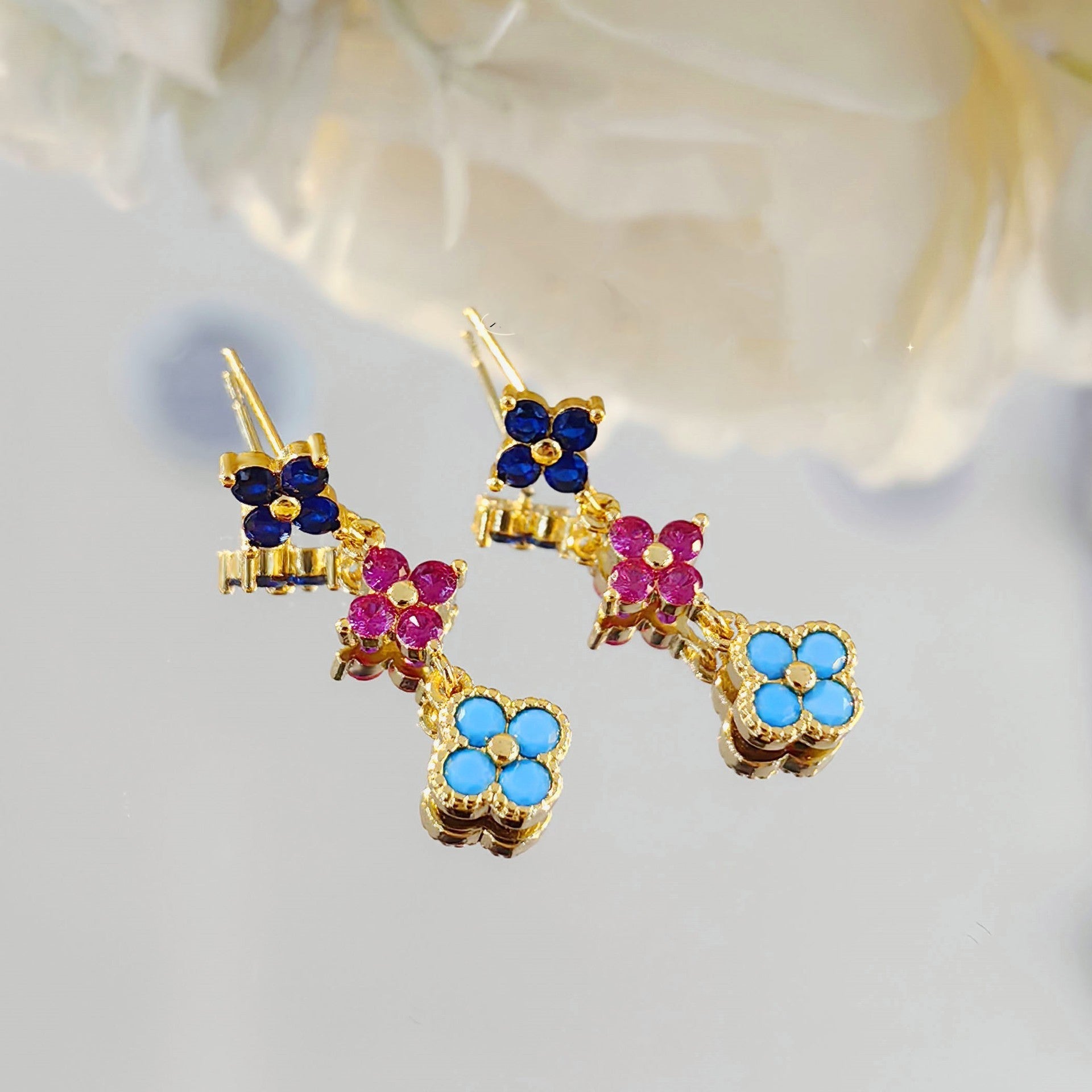 Clover Flower 18K Gold Crystal Anti Tarnish Necklace Pendant Chain Earring For Women