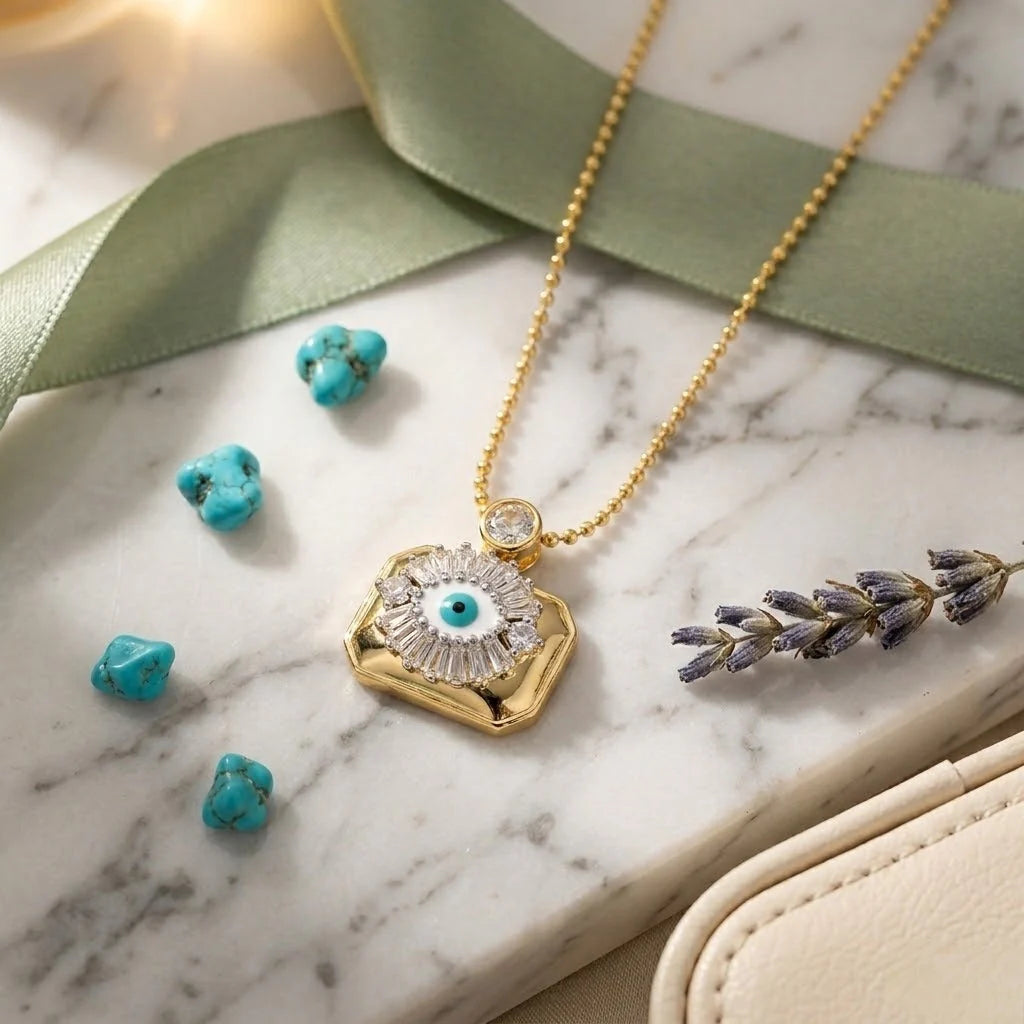 Gold Evil Eye Cubic Zirconia Copper Pendant Chain For Women Bulk Secondary image