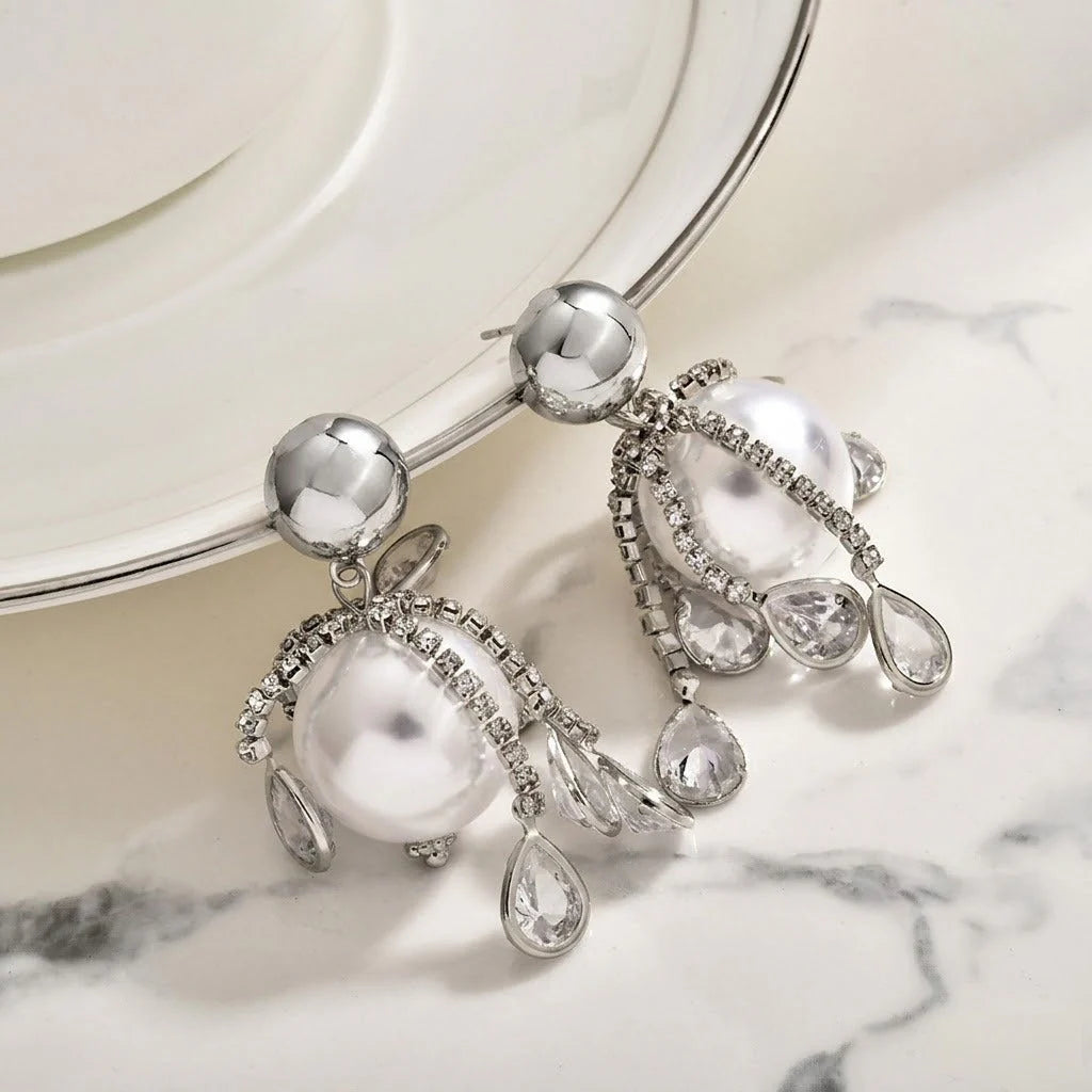 Gold Silver Pearl Cubic Zirconia Copper Drop Earrings For Women Bulk
