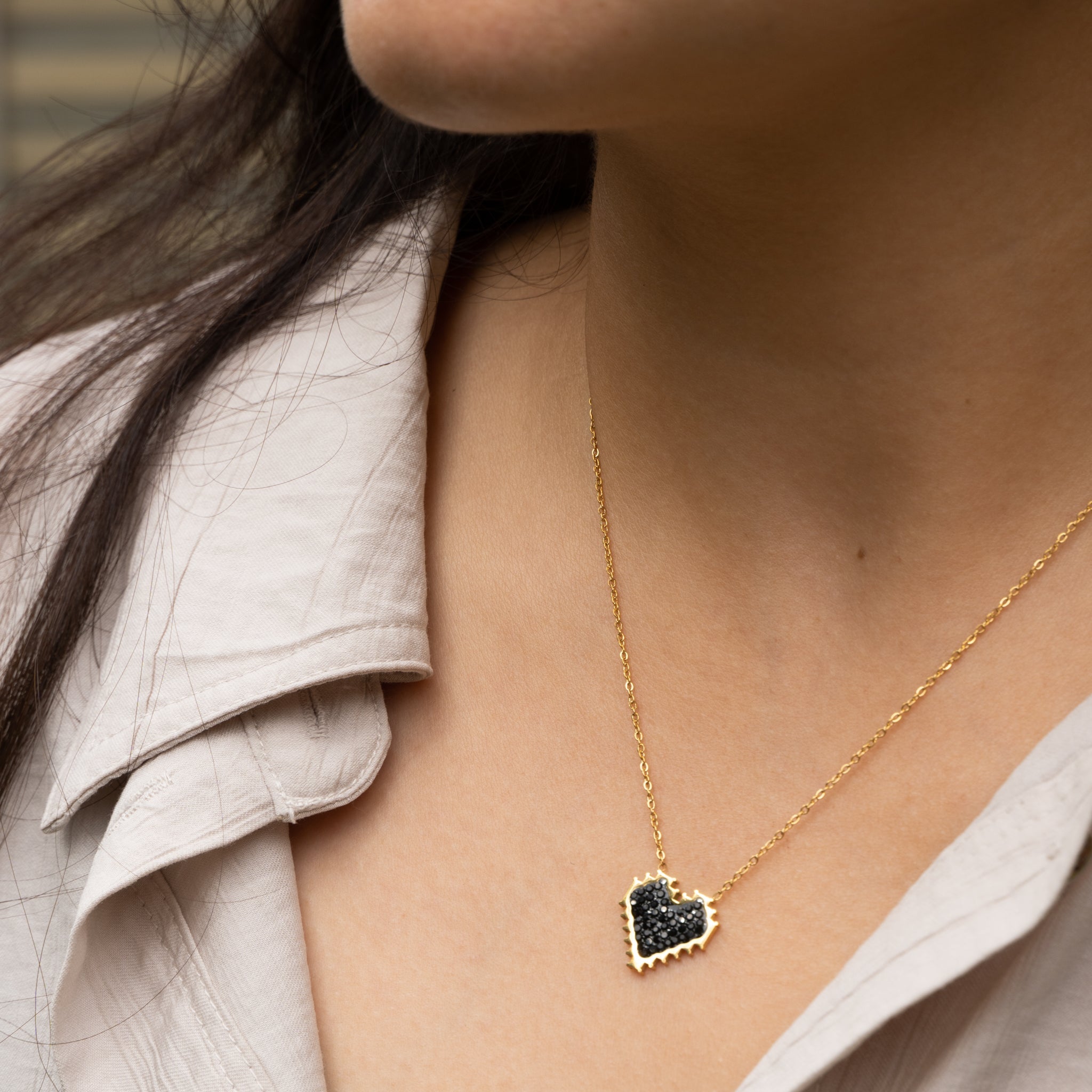 Heart Crystal Black 18K Gold Stainless Steel Anti Tarnish Necklace Pendant Chain For Women Main image