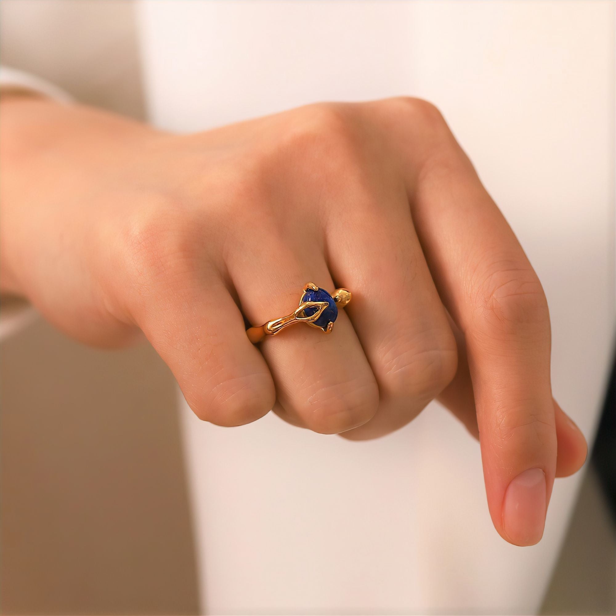 Lapis Stone Blue 18K Gold Stainless Steel Anti Tarnish Ring Women Bulk