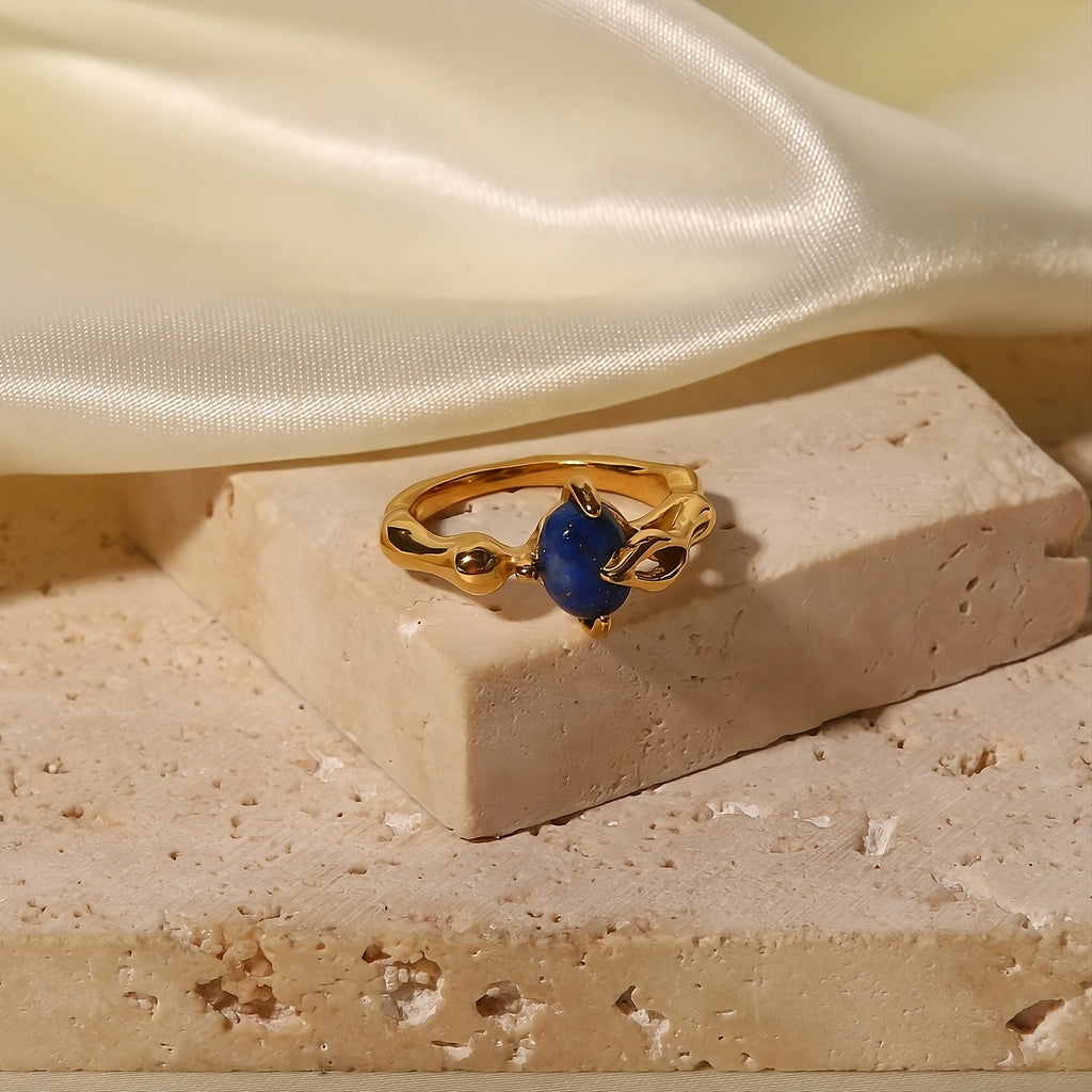 Lapis Stone Blue 18K Gold Stainless Steel Anti Tarnish Ring Women Bulk