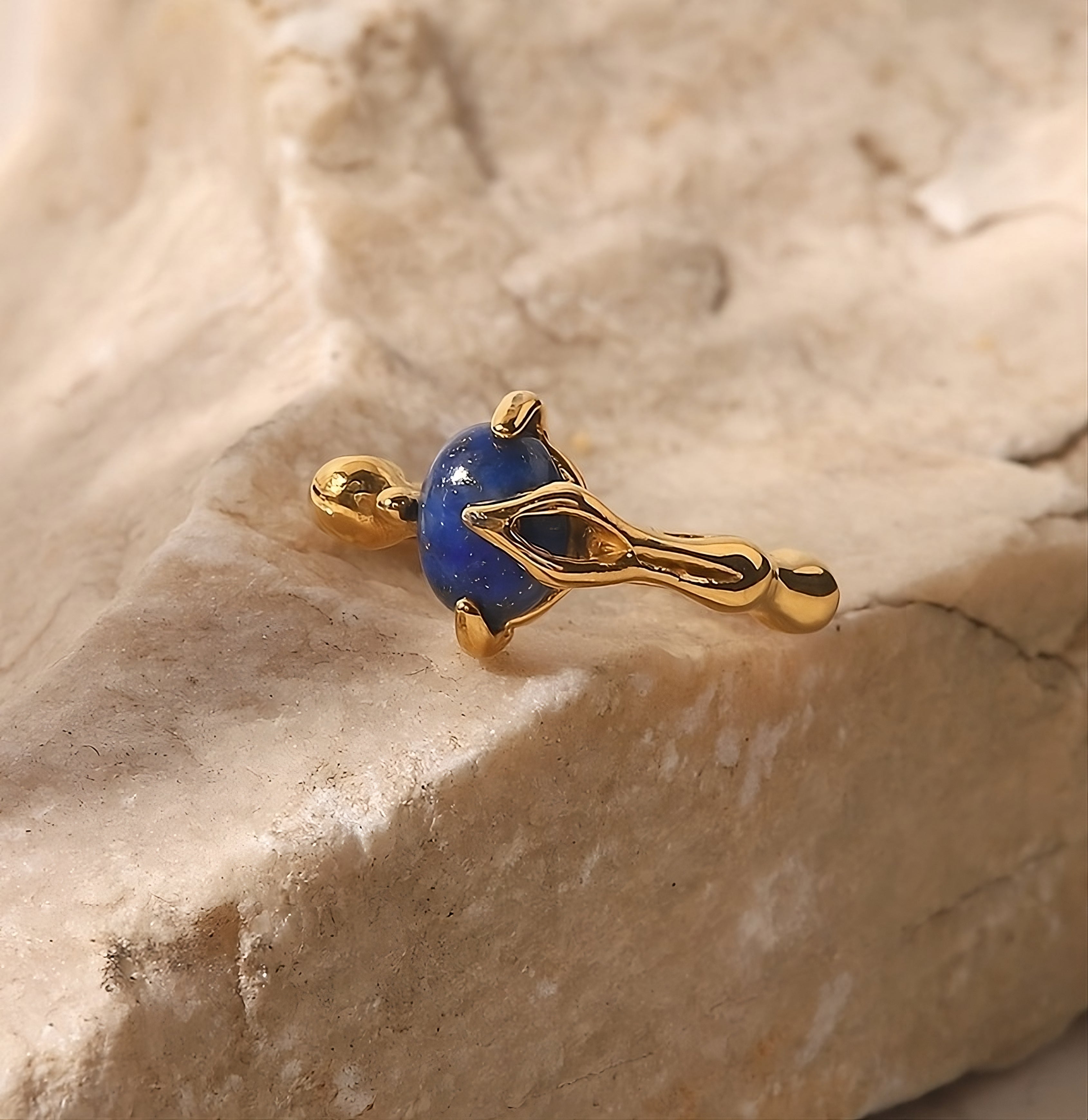 Lapis Stone Blue 18K Gold Stainless Steel Anti Tarnish Ring Women Bulk