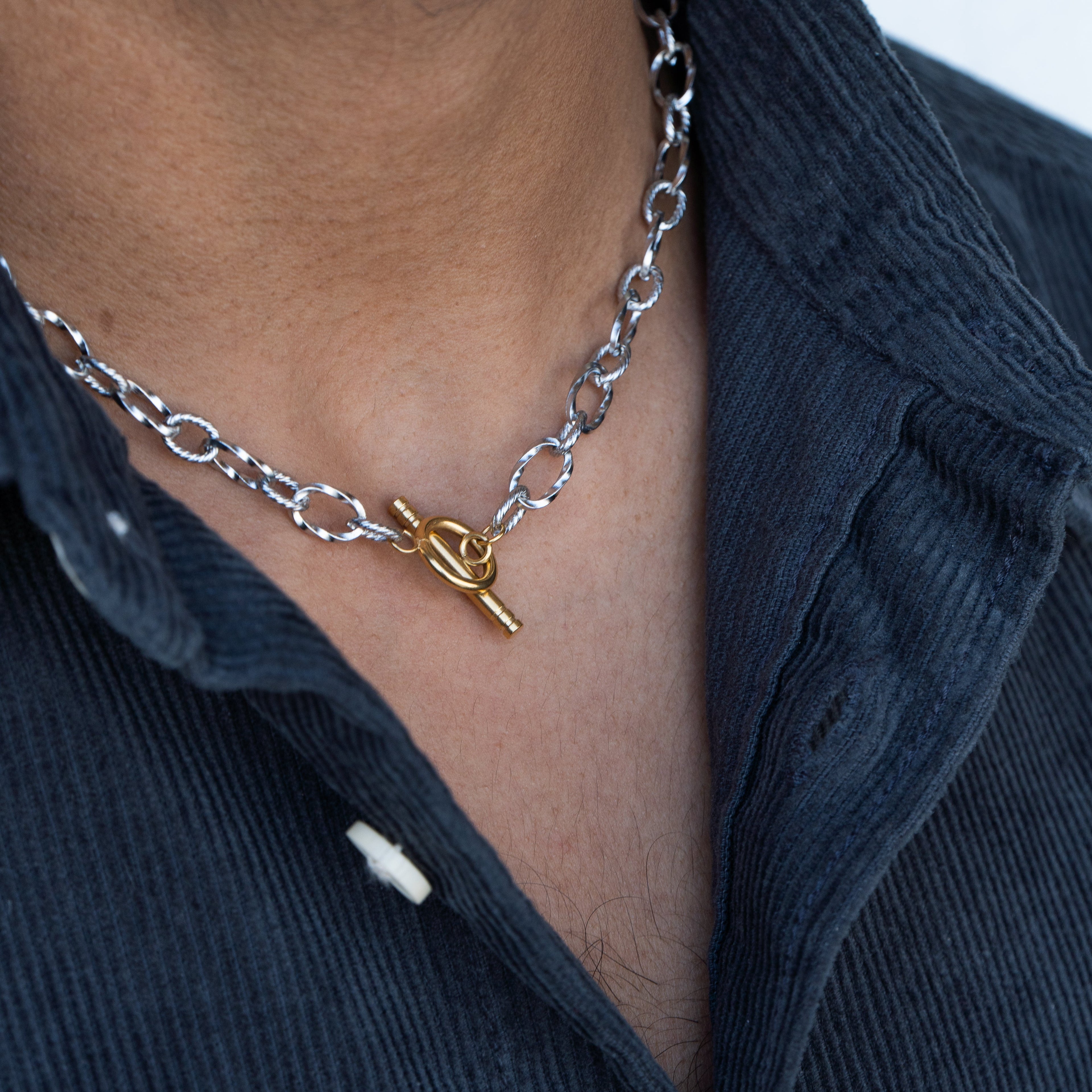Toggle Silver 18K Gold Stainless Steel Anti Tarnish Necklace Men Bulk
