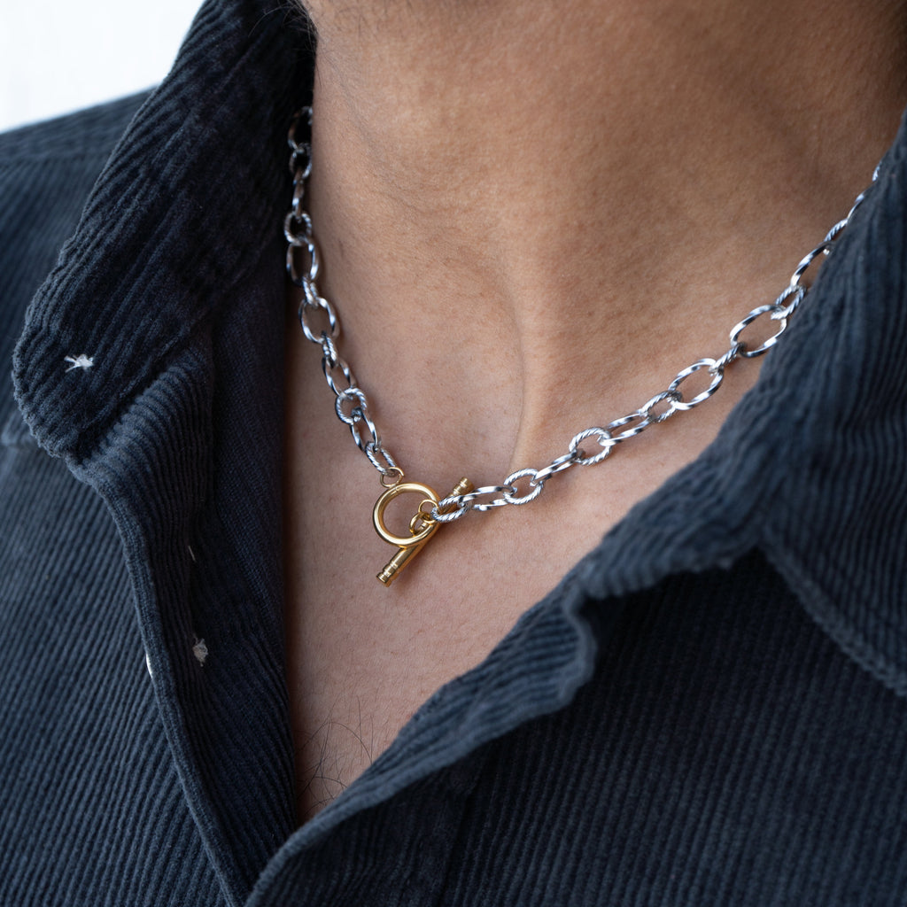 Toggle Silver 18K Gold Stainless Steel Anti Tarnish Necklace Men Bulk