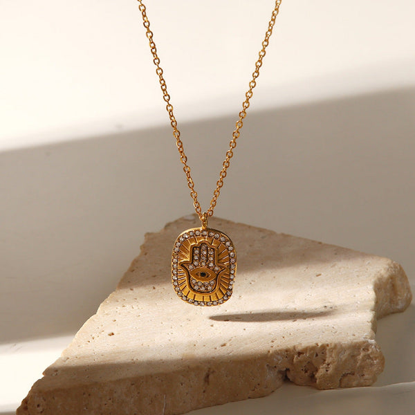 Hamsa Evil Eye Cubic Zirconia 18K Gold Stainless Steel Anti Tarnish Necklace Pendant Chain For Women Main image
