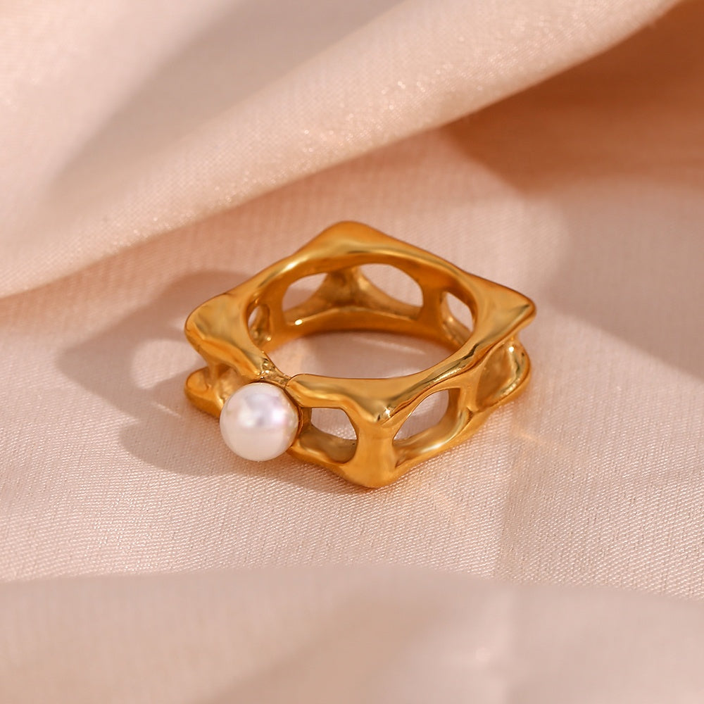 Aphrodite Square Pearl White 18K Gold Stainless Steel Anti Tarnish Ring For Women Main image