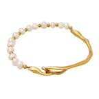 Pearl Chain White 18K Gold Stainless Steel Anti Tarnish Half Kada Bracelet For Women