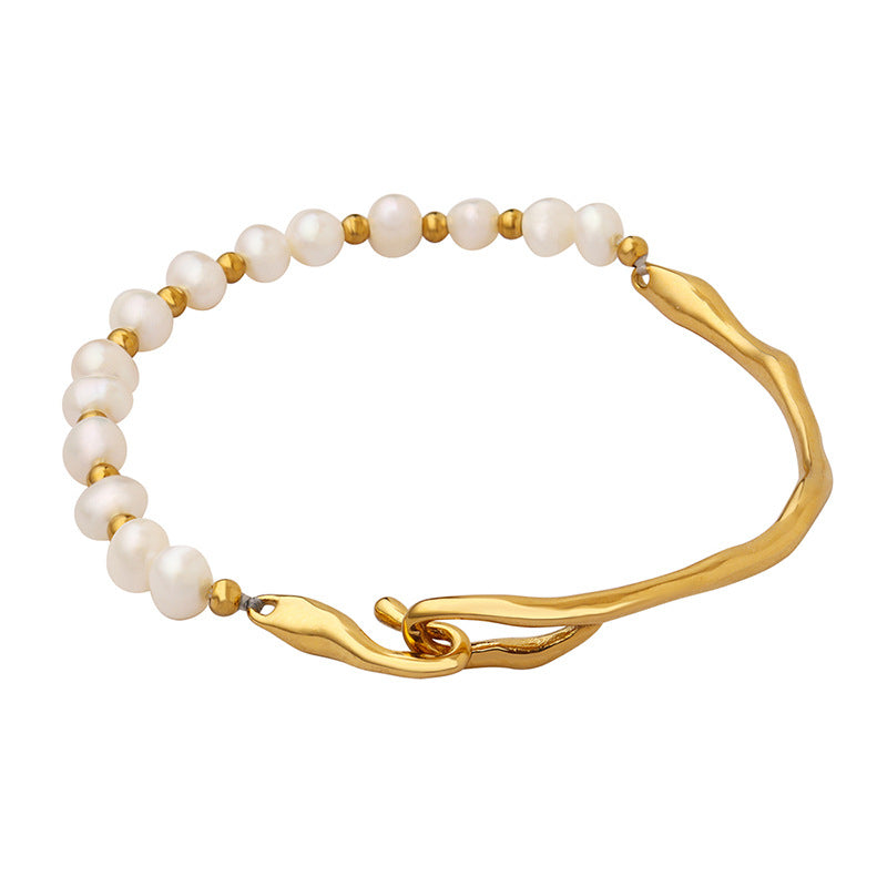 Pearl Chain White 18K Gold Stainless Steel Anti Tarnish Half Kada Bracelet For Women
