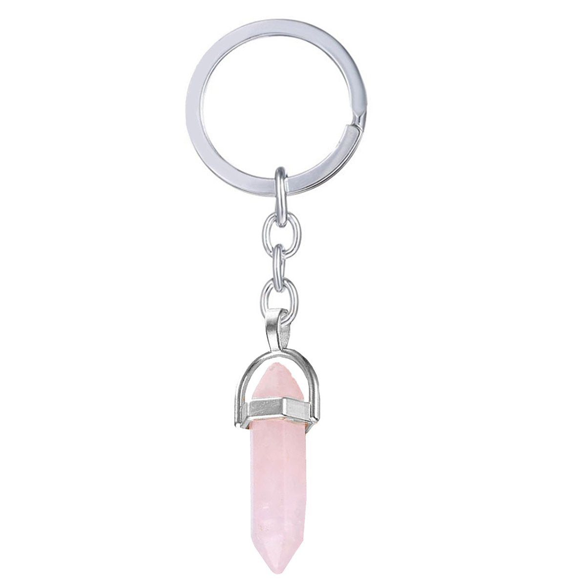 Hexagon Bullet Pencil Natural Rose Pink Quartz Crystal Stone Stainless Steel Key Chain Secondary image
