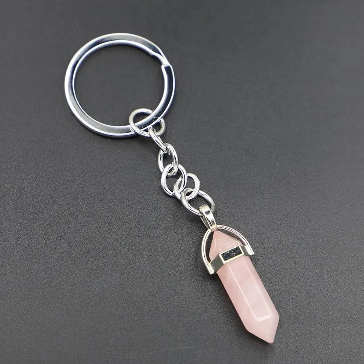 Hexagon Bullet Pencil Natural Rose Pink Quartz Crystal Stone Stainless Steel Key Chain Main image