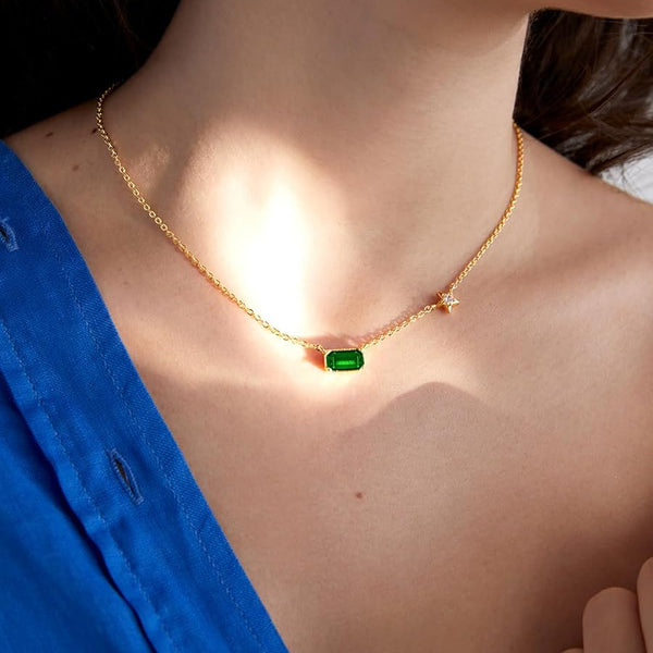 Emerald Rectangular Star Rose Silver Gold CZ Brass Pendant Chain Bulk Main image